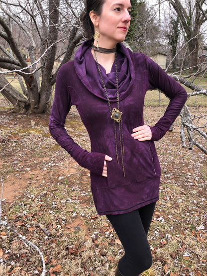 Hand-dyed Bamboo/Hemp Athleisure Cowl Hoodie. Burgundy Stretch Jersey and Fleece. Kangaroo pocket. Long Line Tunic, Boho, Scrunch Cuffs
