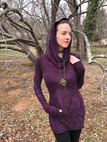 Hand-dyed Bamboo/Hemp Athleisure Cowl Hoodie. Burgundy Stretch Jersey and Fleece. Kangaroo pocket. Long Line Tunic, Boho, Scrunch Cuffs