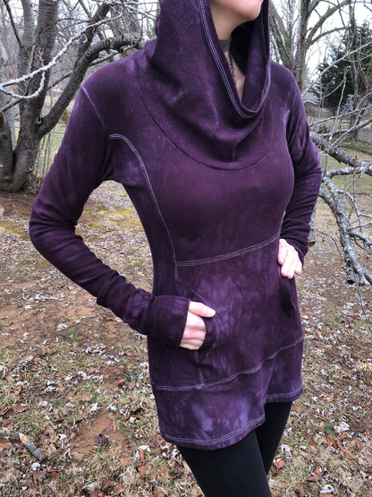 Hand Dyed Hemp/Bamboo Hoodie Cowl Neck, Terry, Shaped Torso, Kangaroo Pocket, Long Line Tunic, Long Sleeves Scrunch Cuffs, Athleisure