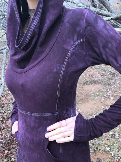 Hand Dyed Hemp/Bamboo Hoodie Cowl Neck, Terry, Shaped Torso, Kangaroo Pocket, Long Line Tunic, Long Sleeves Scrunch Cuffs, Athleisure