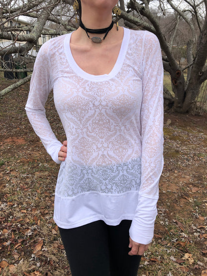 Sheer Scoop Neck, White Damask Print, Burn-Out Stretch Knit, T shirt top, Long Line Tunic, Long Sleeves, Boho, Scrunch Cuffs, Ethereal Fairy