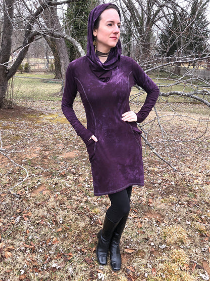 Hand Dyed, Bamboo/Hemp Hoodie Cowl Neck Dress, Stretch Terry and Jersey Shaped Torso, Pockets, Long Sleeves, Scrunch Cuffs, Athleisure