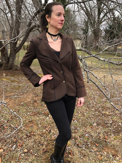 Steampunk Lined Jacket SMALL Only, Stretch Brown Cotton Lycra, Office Blazer Single Breasted Long Fitted Jacket, Brass Buttons