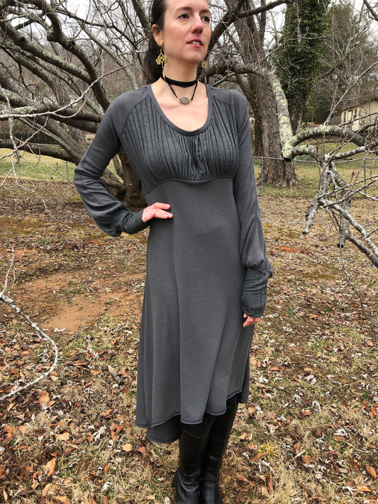 Willow Dress - Long Bell Sleeves, Cloud Grey Stretch Knit, Flowy, Winter Boho, Subtle Bodice Stripes