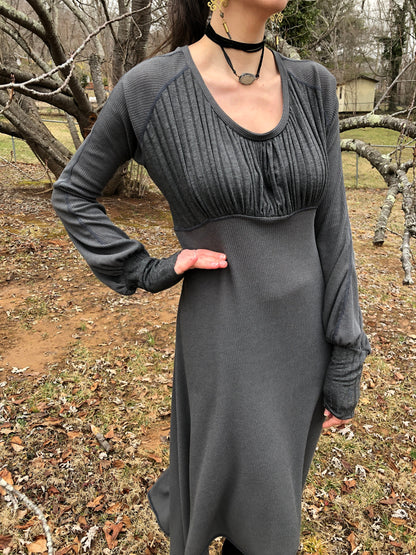 Willow Dress - Long Bell Sleeves, Cloud Grey Stretch Knit, Flowy, Winter Boho, Subtle Bodice Stripes