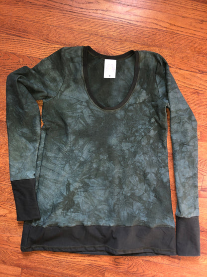 Hand Dyed, Hemp Scoop Neck, With Cotton Lycra Stretch Trim, T shirt top, Long Line Tunic, Long Sleeves, Boho, Scrunch Cuffs, Woodland Fairy