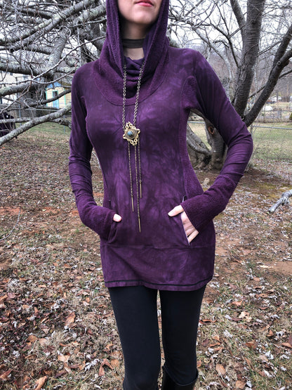 Hand-dyed Bamboo/Hemp Athleisure Cowl Hoodie. Burgundy Stretch Jersey and Fleece. Kangaroo pocket. Long Line Tunic, Boho, Scrunch Cuffs