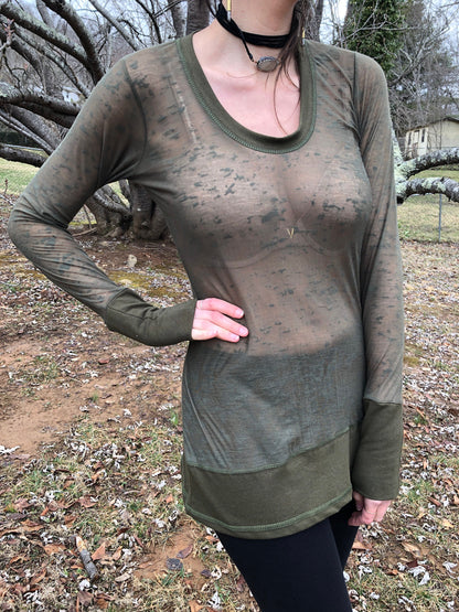 Sheer Scoop Neck, Cotton Lycra Stretch Knit, T shirt top, Long Line Tunic, Long Sleeves, Boho, Scrunch Cuffs, See-Through Woodland Fairy