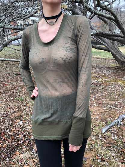 Sheer Scoop Neck, Cotton Lycra Stretch Knit, T shirt top, Long Line Tunic, Long Sleeves, Boho, Scrunch Cuffs, See-Through Woodland Fairy