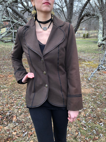 Steampunk Lined Jacket SMALL Only, Stretch Brown Cotton Lycra, Office Blazer Single Breasted Long Fitted Jacket, Brass Buttons
