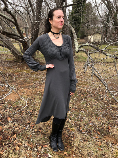 Willow Dress - Long Bell Sleeves, Cloud Grey Stretch Knit, Flowy, Winter Boho, Subtle Bodice Stripes
