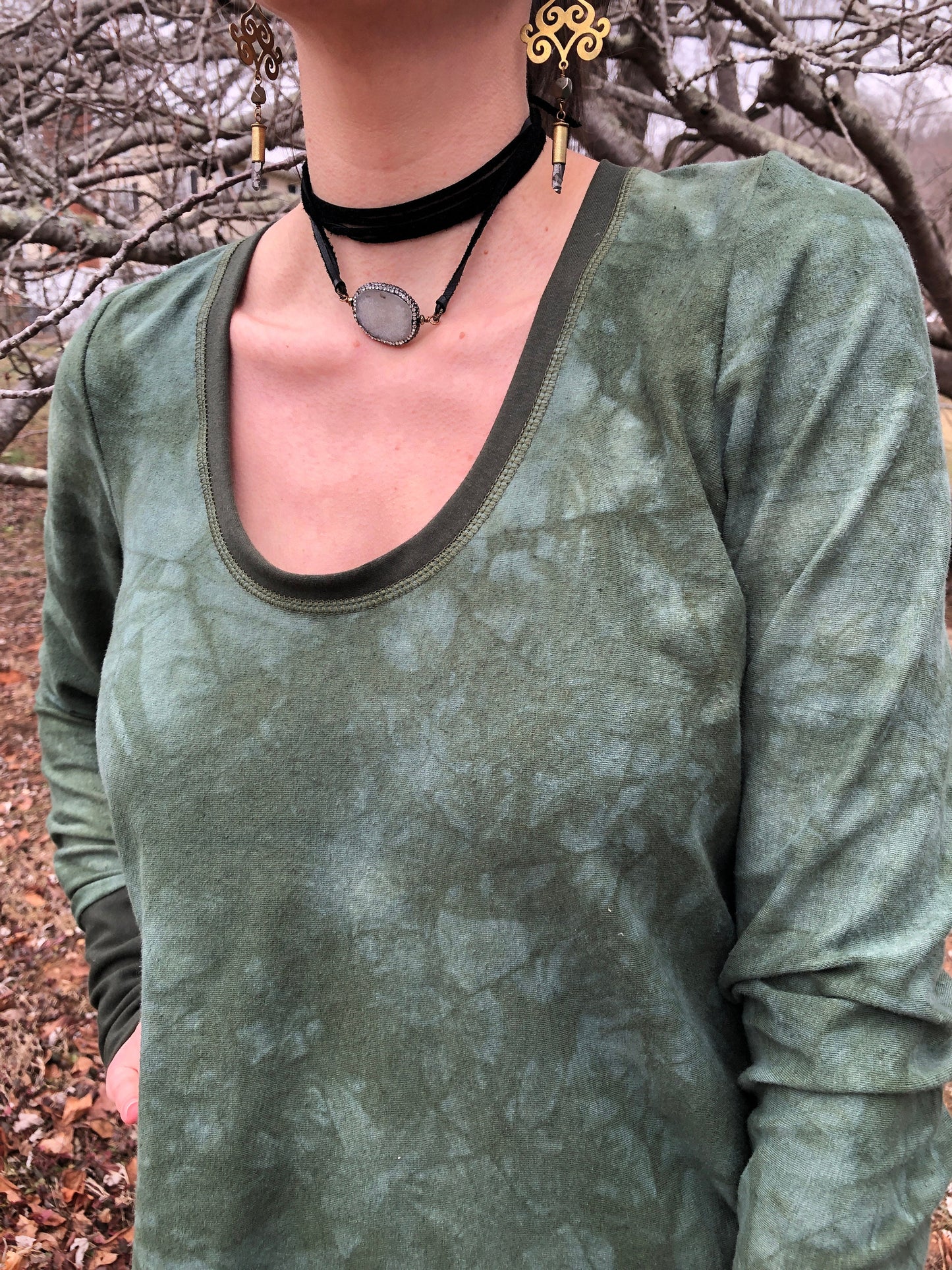 Hand Dyed, Hemp Scoop Neck, With Cotton Lycra Stretch Trim, T shirt top, Long Line Tunic, Long Sleeves, Boho, Scrunch Cuffs, Woodland Fairy