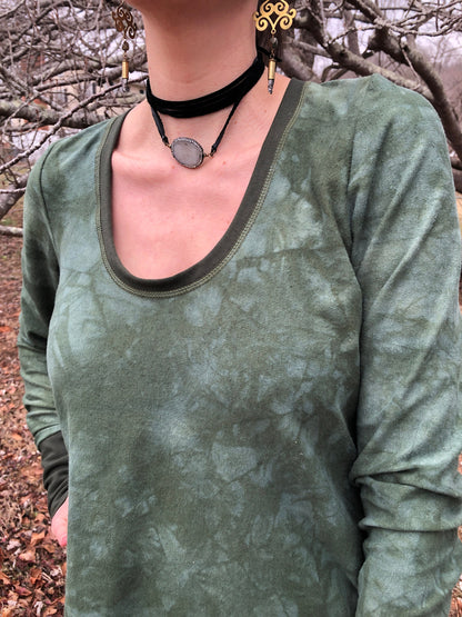 Hand Dyed, Hemp Scoop Neck, With Cotton Lycra Stretch Trim, T shirt top, Long Line Tunic, Long Sleeves, Boho, Scrunch Cuffs, Woodland Fairy