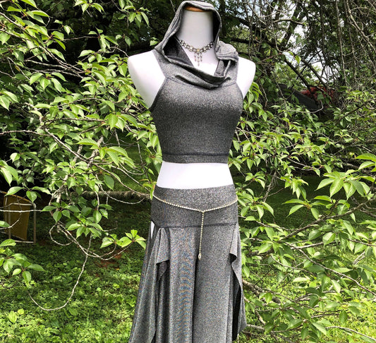 Silver Lurex Emma Hooded Crop Top, Midriff Racerback Tank Hoodie, Yoga, Athletic, Elven, Fairy, Burning Man, Fesitval Costume