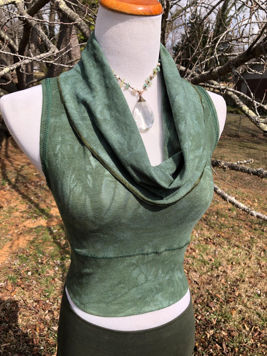 Cowl Neck Hemp Crop Top, Naturally Dyed, Stretch Festival Boho Top, Sleeveless, Racer Back Tank Top, Yoga Top, Forest Green