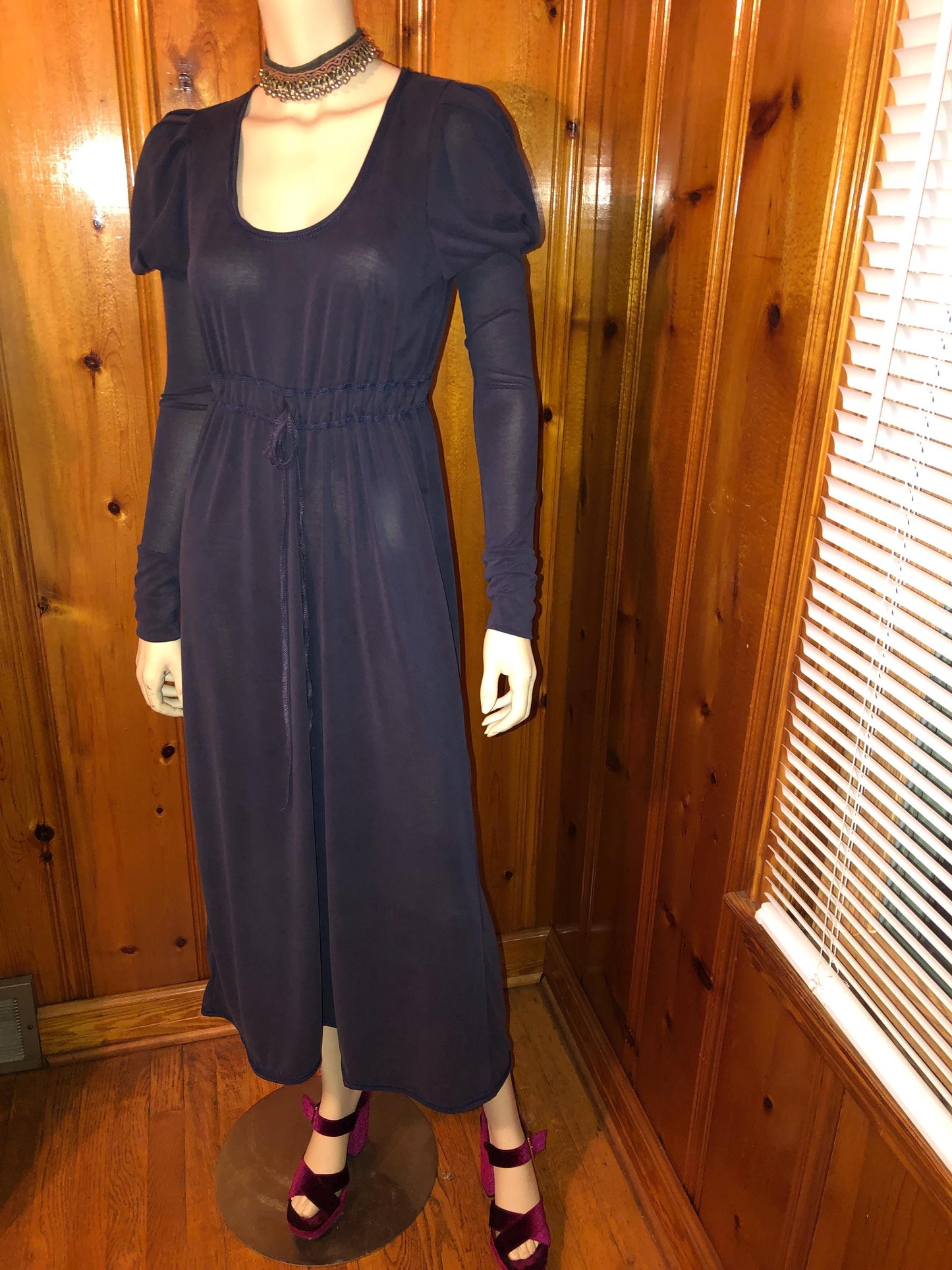Pamela Dress, Long Puffed Sleeves, Low Neckline, Drawstring Empire Line, Soft Stretch Modal, Stone Washed Navy, Bridgerton Style; Regency