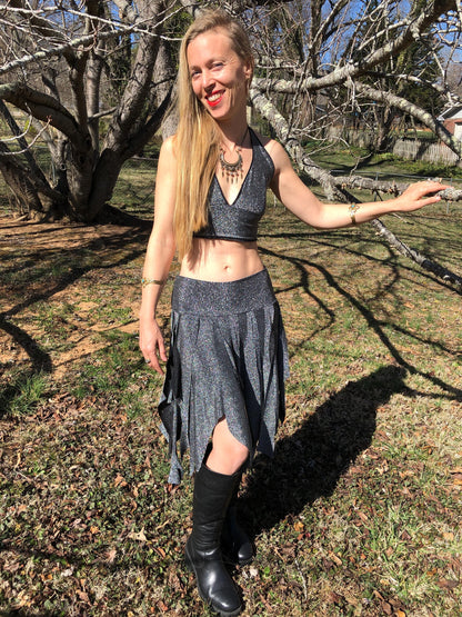 Silver Sparkle Ragamuffin Fairy Skirt, Stretch Lurex Danceskirt, Burning Man, Festival, Tribal Costume, Elven, Cabaret Bellydance, Boho