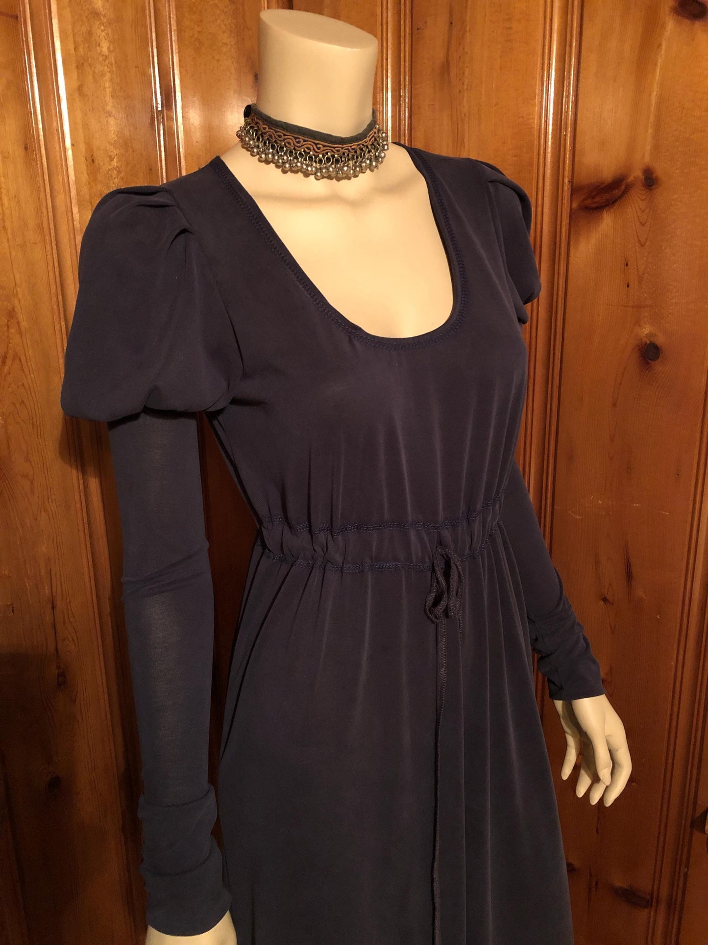 Pamela Dress, Long Puffed Sleeves, Low Neckline, Drawstring Empire Line, Soft Stretch Modal, Stone Washed Navy, Bridgerton Style; Regency