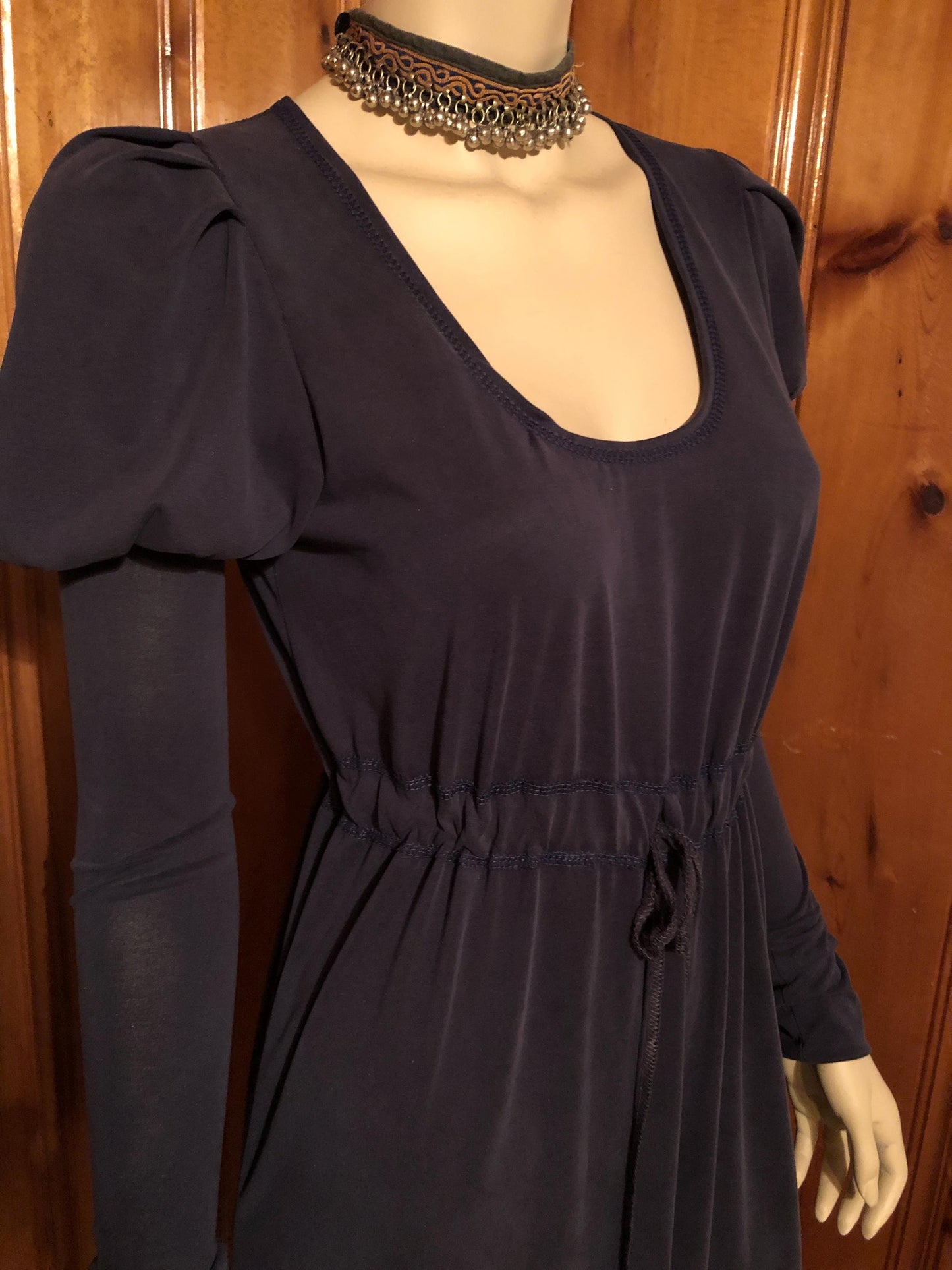Pamela Dress, Long Puffed Sleeves, Low Neckline, Drawstring Empire Line, Soft Stretch Modal, Stone Washed Navy, Bridgerton Style; Regency
