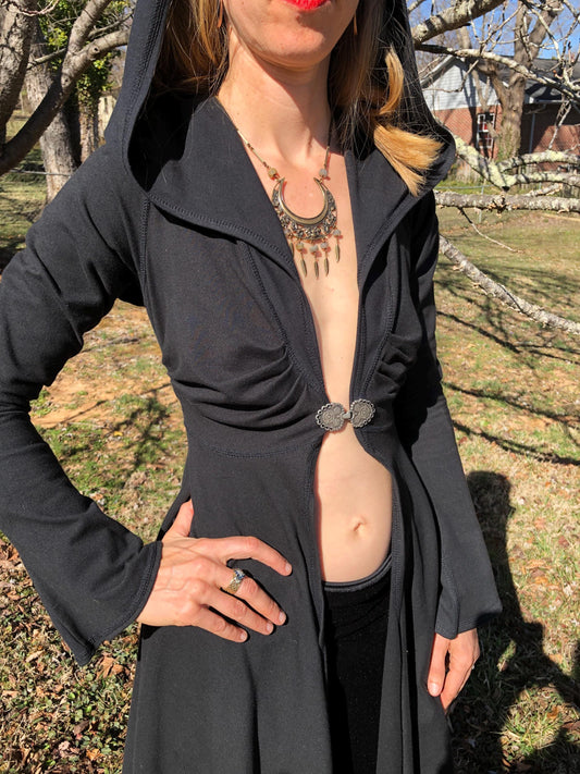 Dominique Stretch Cotton Organic Hooded Fitted Maxi Jacket, Priestess, Black Fairy Coat, Elven, Medieval Costume, Gothic Hoodie, Medium ONLY