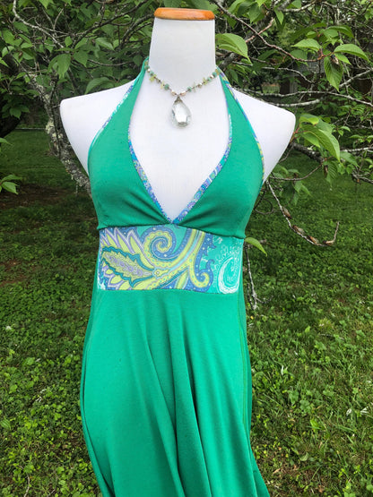 Sample Sale; The Gypsophelia Moss Green Layered Stretch Modal Halter Neck Sun Dress with Patterned Panel Casual Chic, Boho Priestess Dress