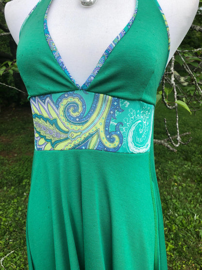 Sample Sale; The Gypsophelia Moss Green Layered Stretch Modal Halter Neck Sun Dress with Patterned Panel Casual Chic, Boho Priestess Dress
