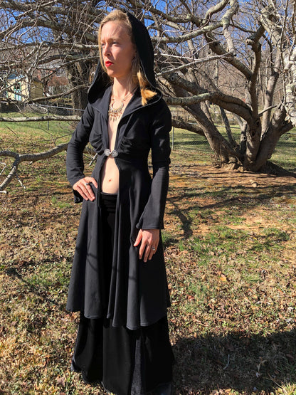 Dominique Stretch Cotton Organic Hooded Fitted Maxi Jacket, Priestess, Black Fairy Coat, Elven, Medieval Costume, Gothic Hoodie, Medium ONLY