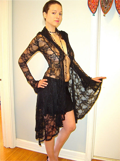 Diana Lingerie Long Fitted Jacket Hoodie Maxi Coat Robe in Lace | Bridal Wear, Priestess Robe, Gothic, Strega Witch, Dark Fairy Costume