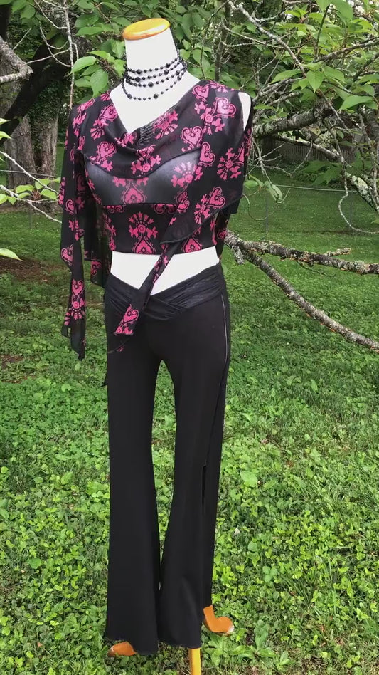 Cowl Neck Mesh Dance Crop Top - Long Tendrils, Boho Elven Fairy Bellydance Tribal Priestess, Ceremonial Flower Child Costume, Boho Print