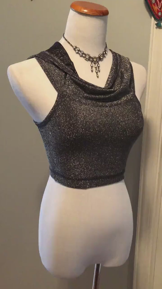 Silver Lurex Emma Hooded Crop Top, Midriff Racerback Tank Hoodie, Yoga, Athletic, Elven, Fairy, Burning Man, Fesitval Costume