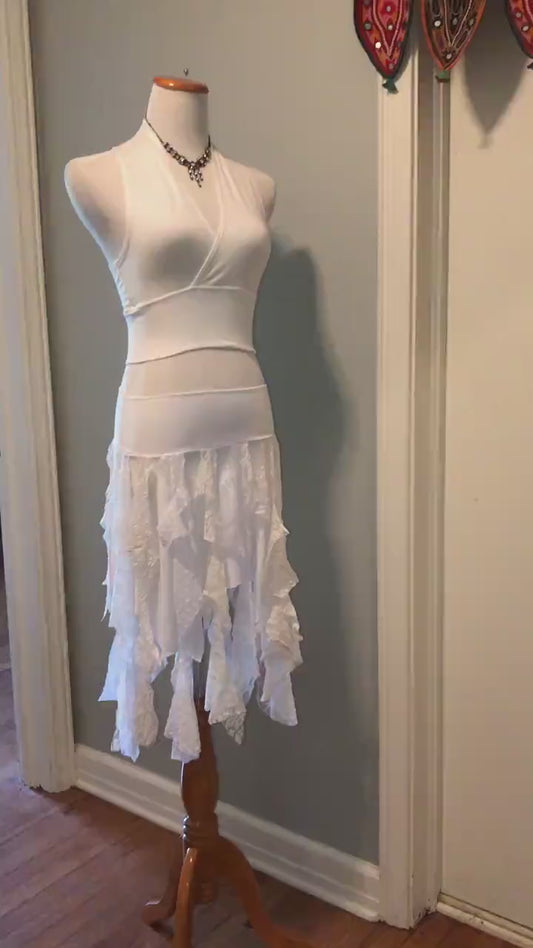 Ragamuffin Fairy Skirt in Lace and Modal, White & Cream, Also Top or Scarf, Tattered Skirt, Angel Fairy Nymph Costume, Boho, Danceskirt