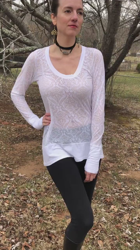Sheer Scoop Neck, White Damask Print, Burn-Out Stretch Knit, T shirt top, Long Line Tunic, Long Sleeves, Boho, Scrunch Cuffs, Ethereal Fairy