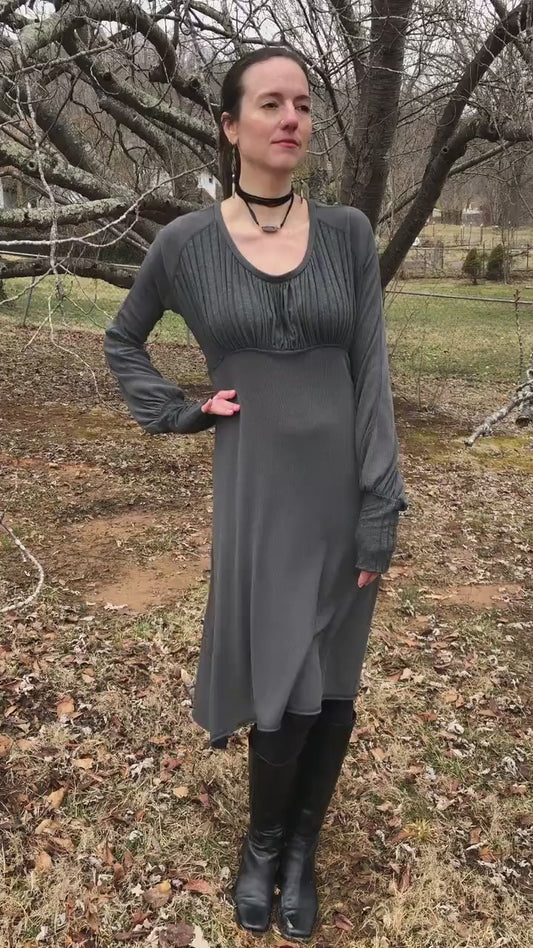 Willow Dress - Long Bell Sleeves, Cloud Grey Stretch Knit, Flowy, Winter Boho, Subtle Bodice Stripes