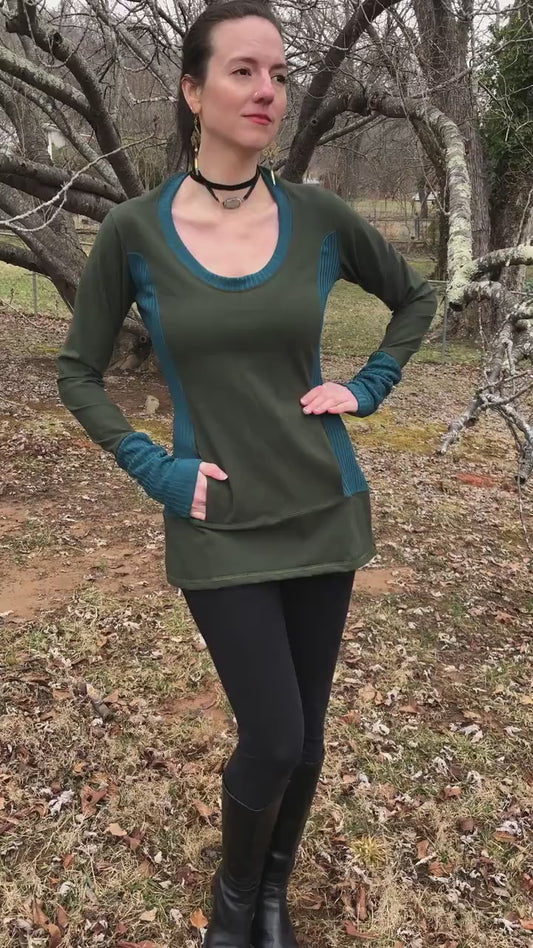 Cotton Lycra Scoop Neck, Kangaroo Pocket, Rib Stretch Knit, Shaped Torso, Olive Long Tunic, Boho, Scrunch Cuffs, Woodland Fairy, Small Only
