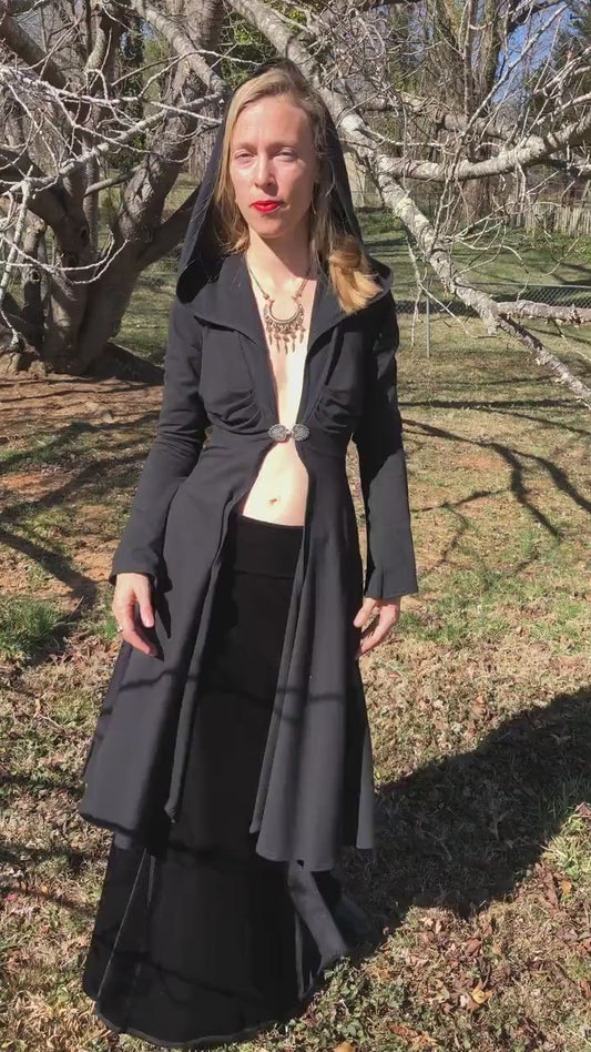 Dominique Stretch Cotton Organic Hooded Fitted Maxi Jacket, Priestess, Black Fairy Coat, Elven, Medieval Costume, Gothic Hoodie, Medium ONLY