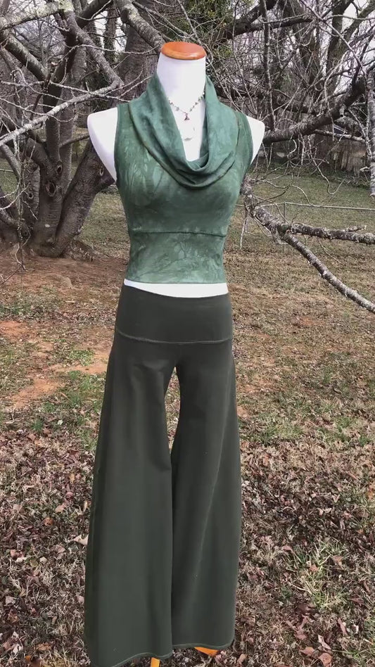 Cowl Neck Hemp Crop Top, Naturally Dyed, Stretch Festival Boho Top, Sleeveless, Racer Back Tank Top, Yoga Top, Forest Green