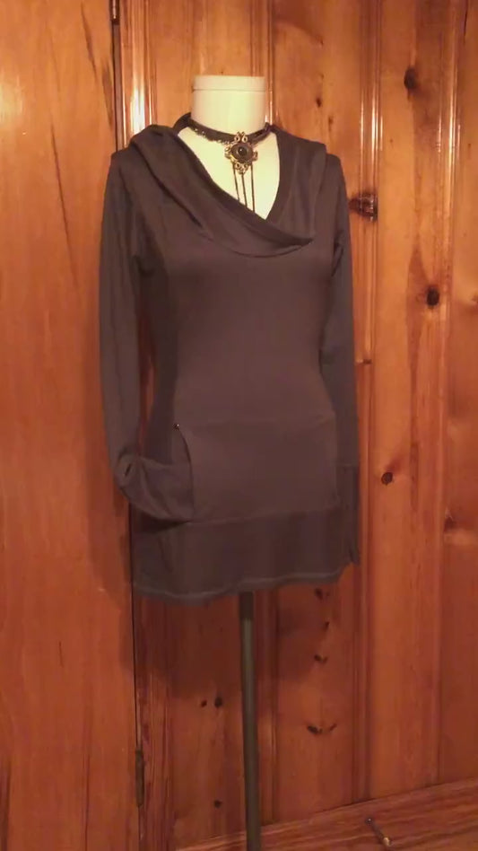 Cowl Hoodie Sweatshirt, Stretch Cotton Terry, Shaped Torso, Kangaroo Pocket, Long Line Tunic, Long Sleeves, Scrunch Cuffs, Athleisure Fairy,