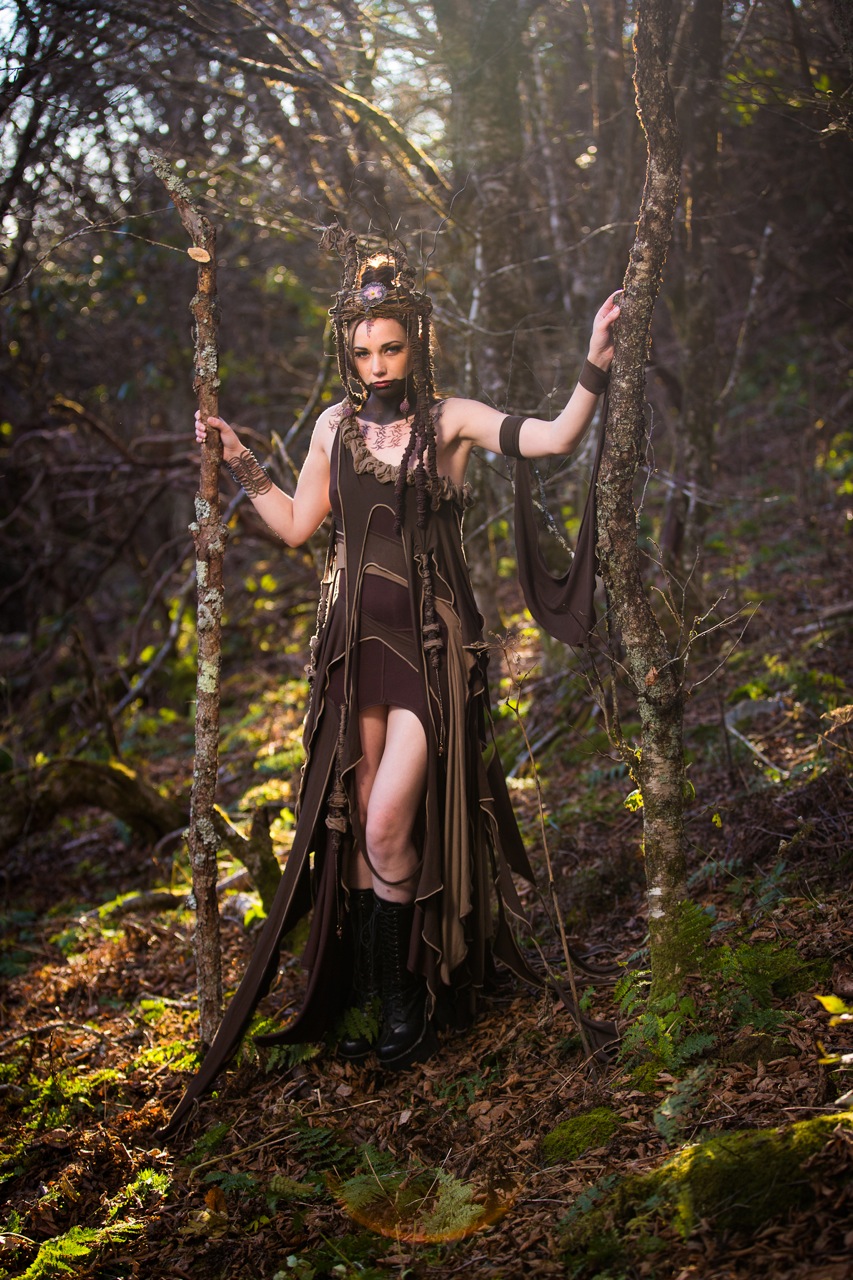 Woman in forest wearing Tree Sprit brown fairy dress costume outfit by Acce...