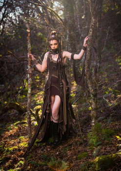 Woman in forest wearing Tree Sprit brown fairy dress costume outfit by Accentuates Clothing
