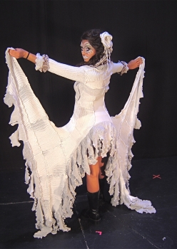 woman in white gown with train Ice Queen costume by Accentuates Clothing